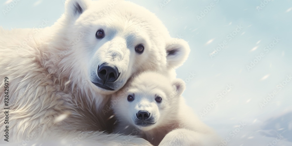 A heartwarming image of a mother polar bear and her cub in the snowy landscape. Perfect for nature enthusiasts and wildlife lovers