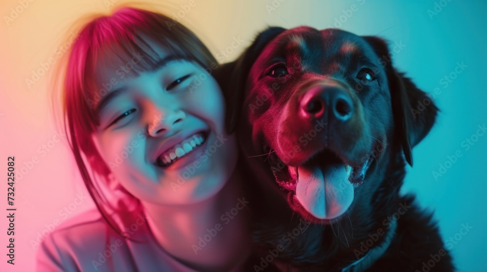 A joyful young girl with a radiant smile hugging a black dog with a contented expression set against a vibrant colorful background. A joyful young girl with a radiant smile hugging a black dog with a contented expression set against a vibrant colorful background.