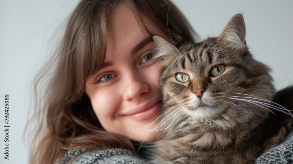A woman with long brown hair and blue eyes smiling warmly cuddling a fluffy gray tabby cat with striking green eyes. A woman with long brown hair and blue eyes smiling warmly cuddling a fluffy gray tabby cat with striking green eyes.