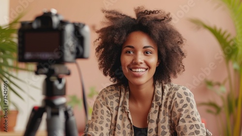 A woman with curly hair smiling at camera set up on a tripod in a cozy room with plants. © iuricazac