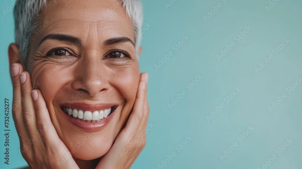 Smiling woman with short gray hair holding her cheeks against a light blue background. Smiling woman with short gray hair holding her cheeks against a light blue background.