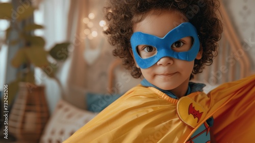 Young child with curly hair wearing a blue mask and a yellow cape with a red emblem posing confidently in a cozy room with a potted plant and a patterned pillow in the background.