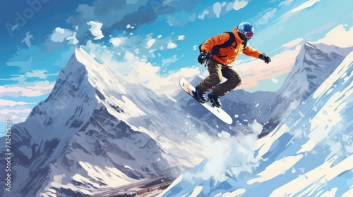 A man riding a snowboard down a snow-covered mountain. Suitable for winter sports and adventure-themed projects