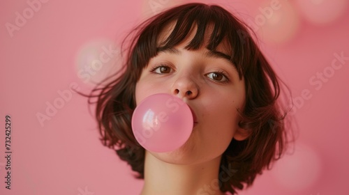 A young woman with short hair wearing a pink bubblegum in her mouth against a pink background with bokeh light effects.