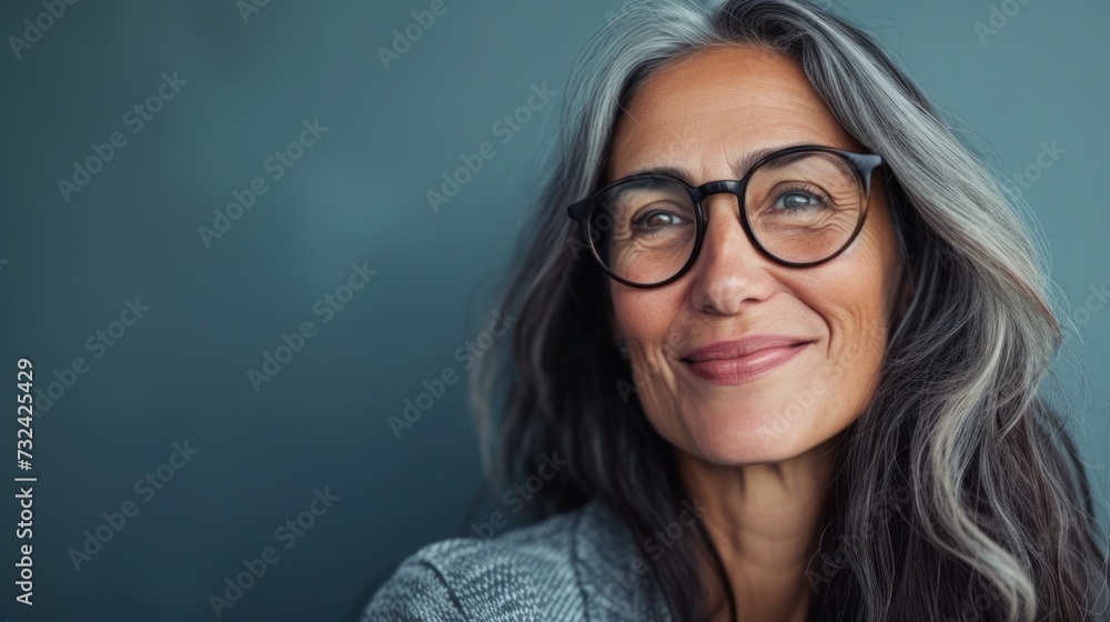 A woman with gray hair wearing glasses smiling gently and dressed in a blue top against a soft blue background.