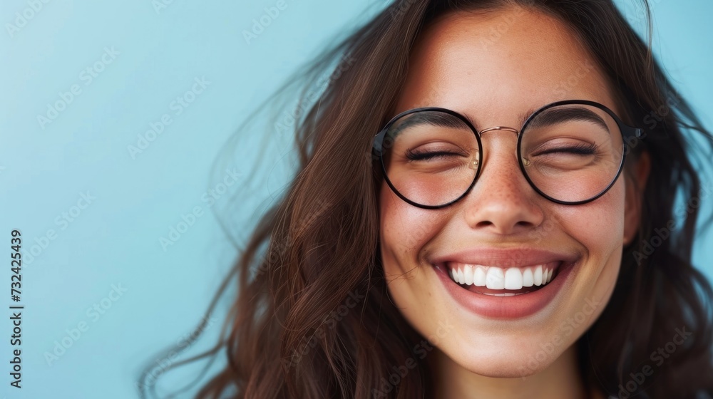 Young woman with closed eyes smiling wearing round glasses with long brown hair against a blue background. Young woman with closed eyes smiling wearing round glasses with long brown hair against a blue background.