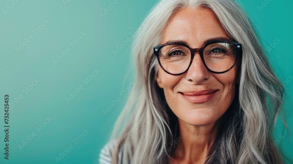 A smiling woman with gray hair and glasses against a teal background. A smiling woman with gray hair and glasses against a teal background.