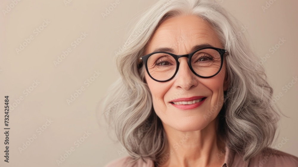 A woman with gray hair wearing glasses smiling and looking directly at the camera.