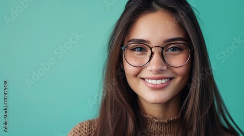 A young woman with long brown hair and glasses smiling against a teal background.