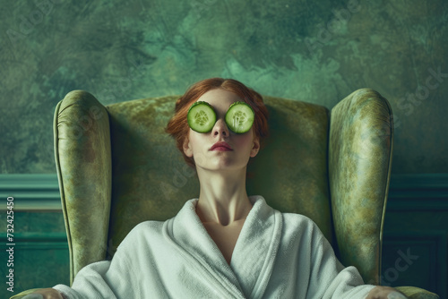 Girl sitting on single sofa, applying cucumber mask on her eyes photo