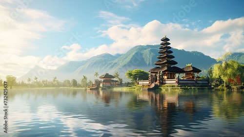 A serene image of a pagoda situated in the middle of a peaceful lake. Perfect for travel brochures or tranquil-themed designs