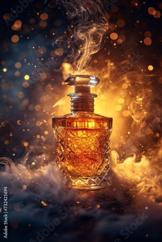 An empty perfume bottle against a background of fire and smoke. 3d illustration
