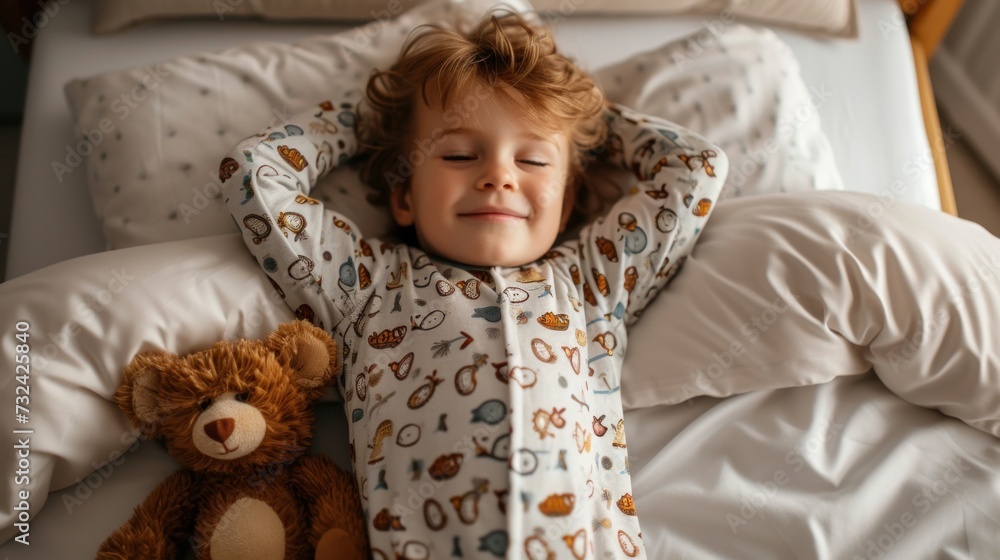 A young child with curly hair wearing patterned pajamas smiling and resting their head on a pillow with a teddy bear beside them on a bed. A young child with curly hair wearing patterned pajamas smiling and resting their head on a pillow with a teddy bear beside them on a bed.