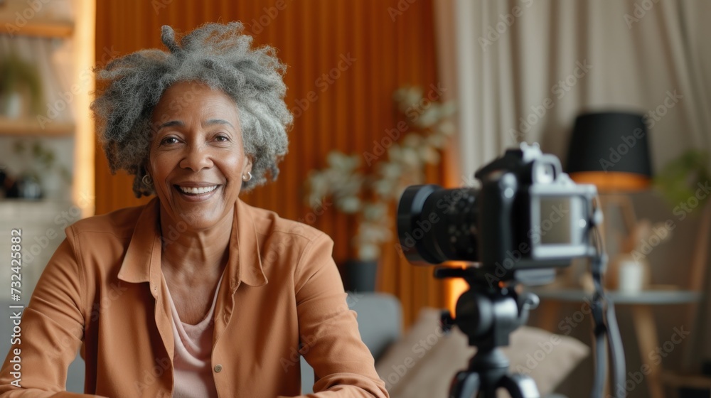 Smiling woman with gray hair wearing a peach blazer sitting in a cozy room with a camera on a tripod in front of her. Smiling woman with gray hair wearing a peach blazer sitting in a cozy room with a camera on a tripod in front of her.