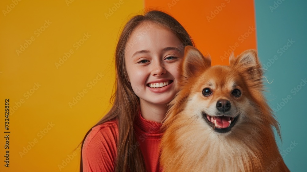 A young girl with long brown hair wearing a red top smiling and posing with a happy brown-furred dog against a colorful background. A young girl with long brown hair wearing a red top smiling and posing with a happy brown-furred dog against a colorful background.