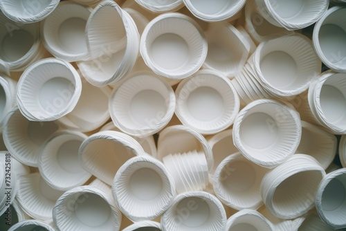 A pile of white paper cups stacked on top of each other. Versatile and practical, this image can be used in a variety of contexts