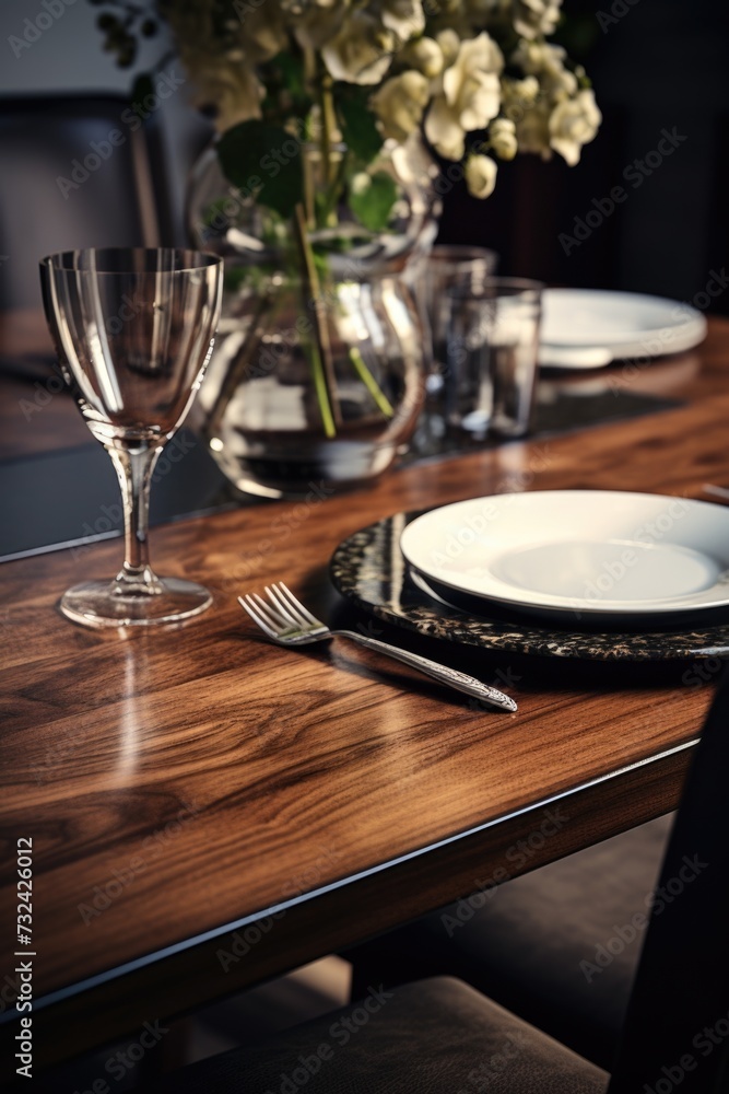 A wooden table with a glass of wine and a plate. Perfect for food and beverage themes