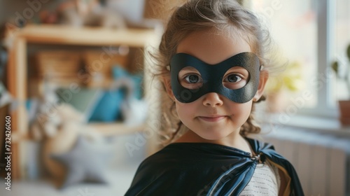 Young girl in a superhero costume wearing a black mask and cape posing with a playful expression in a room with a window.