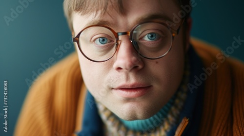 Man with blue eyes and glasses wearing a brown sweater and a blue turtleneck against a blue background.