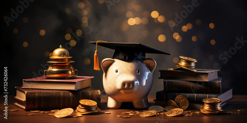 Piggy bank with graduation hat and books on table. College fees saving concept,   photo