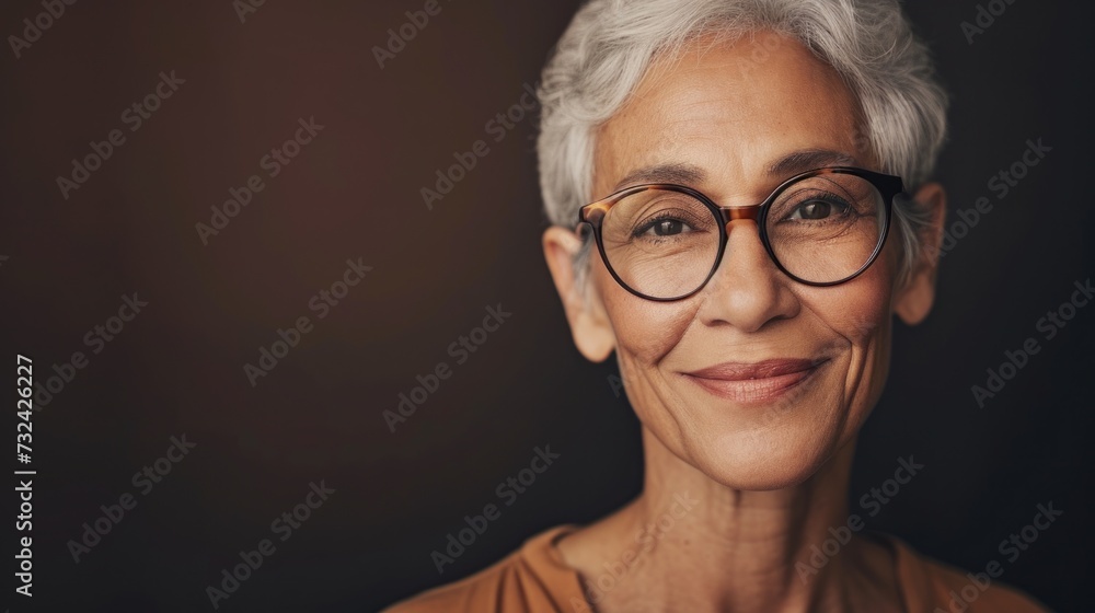 A smiling woman with short gray hair and glasses wearing a warm-toned top against a dark background. A smiling woman with short gray hair and glasses wearing a warm-toned top against a dark background.