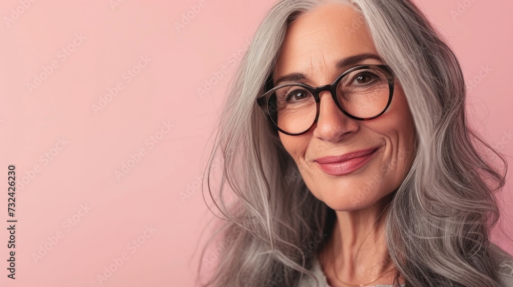 A woman with gray hair wearing glasses smiling at the camera against a pink background.