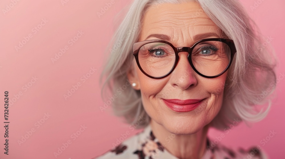 A woman with silver hair and glasses smiling with a hint of pink in the background.