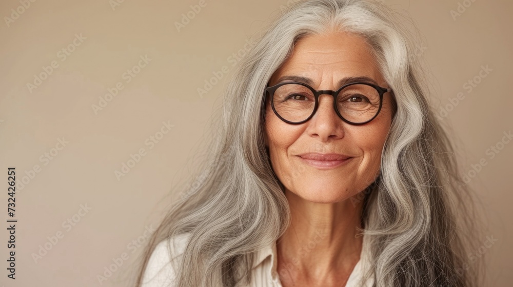 A serene elderly woman with long silver hair and glasses wearing a white blouse smiling gently against a beige backdrop.