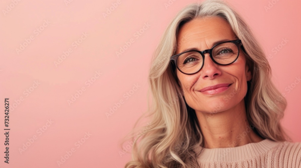 Smiling woman with gray hair and glasses wearing a beige sweater against a pink background.