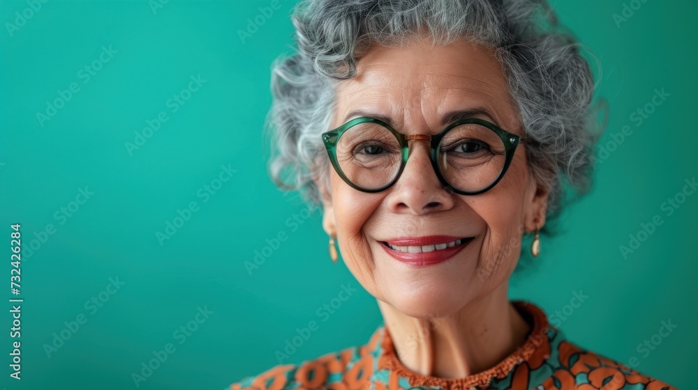 Woman with gray hair wearing glasses and earrings smiling against a teal background. Woman with gray hair wearing glasses and earrings smiling against a teal background.