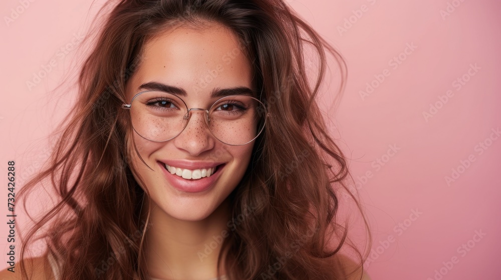 A young woman with long brown hair wearing glasses smiling against a pink background. A young woman with long brown hair wearing glasses smiling against a pink background.
