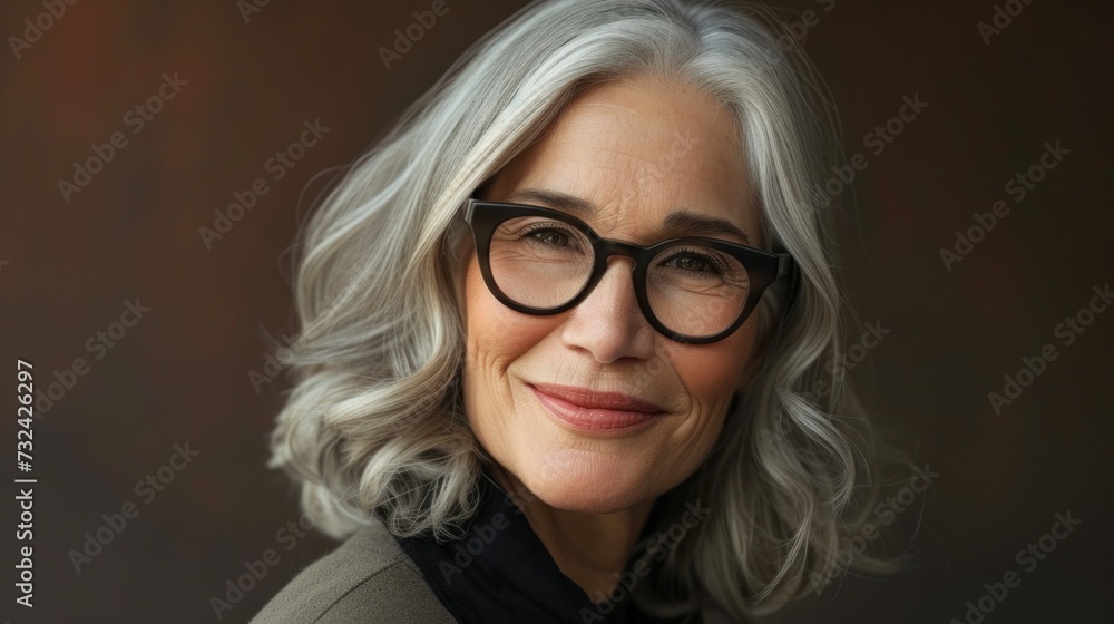 Woman with gray hair wearing glasses smiling and looking to the side. Woman with gray hair wearing glasses smiling and looking to the side.