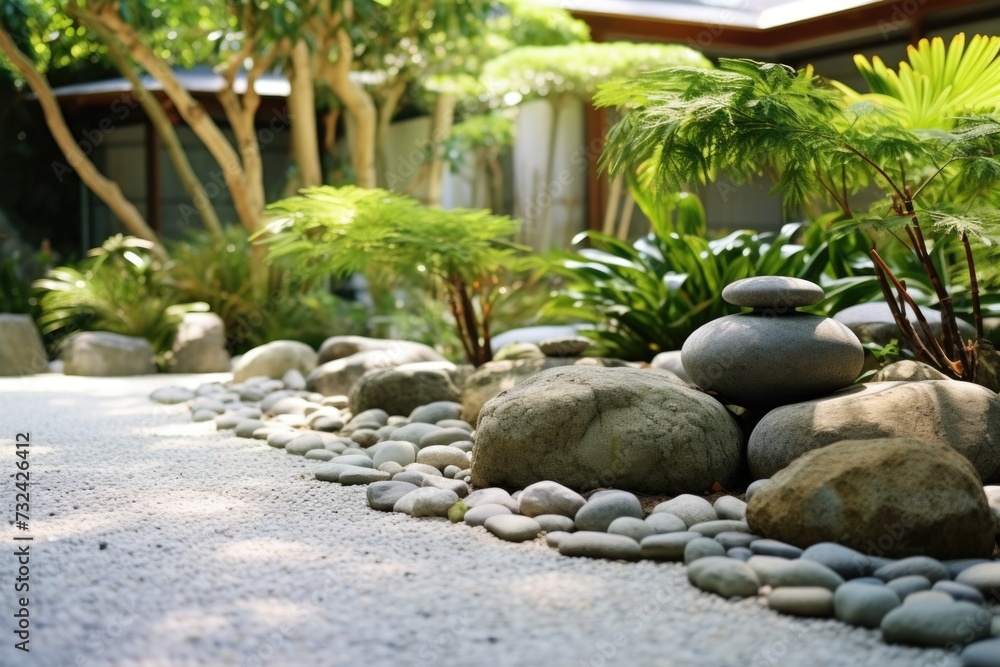 A serene garden with rocks and palm trees in the background. Perfect for adding a touch of nature to any project
