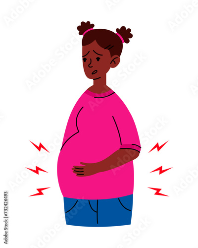 Worried black Pregnant woman stomach ache. Mother in bad condition. Sickness, Pregnancy symptoms, motherhood, Health problem concept. Premature birth, contractions.