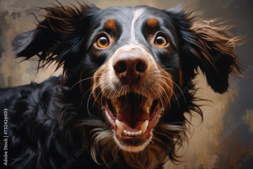 A painting of a dog with its mouth open. Can be used to depict excitement, playfulness, or anticipation