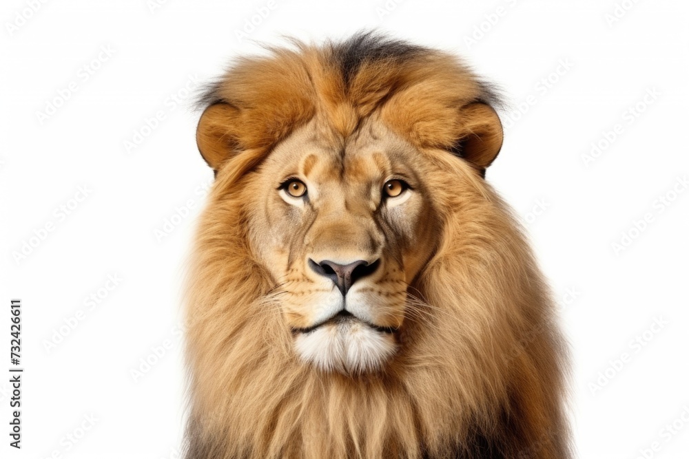 A close up view of a lion's face. Suitable for various uses
