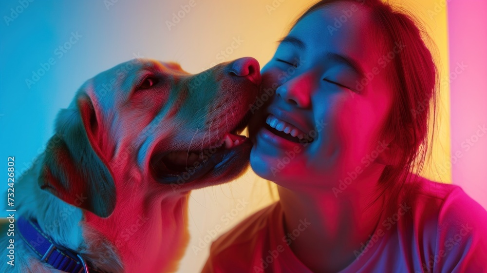 A joyful moment captured between a young girl and her golden retriever both sharing a playful and affectionate interaction set against a vibrant colorful background. - obrazy, fototapety, plakaty 