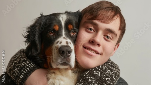 A young man with brown hair and a black and white dog with brown spots both smiling and hugging against a white background.
