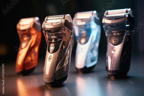 A row of electric shavers sitting on top of a table. Suitable for grooming and personal care-related projects photo
