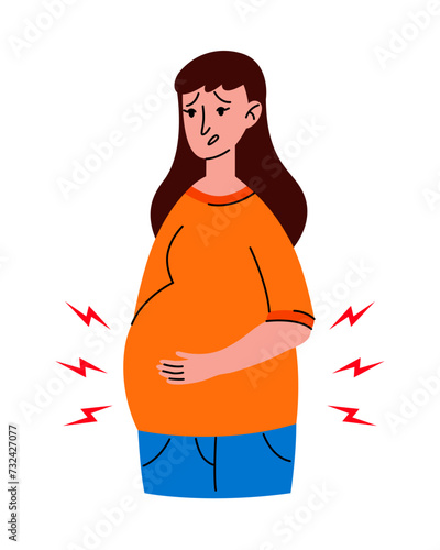 Worried Pregnant woman stomach ache. Mother in bad condition. Sickness, Pregnancy symptoms, motherhood, Health problem concept. Premature birth, contractions.