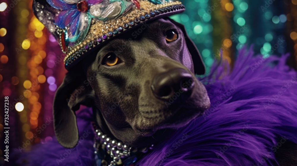 A black dog wearing a purple feathered hat. Perfect for animal lovers and pet-themed projects