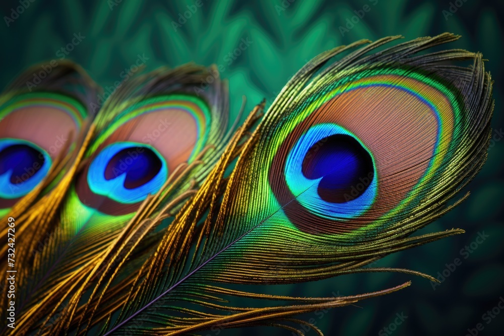 Fototapeta premium Three peacock feathers captured in a close-up shot against a vibrant green background. Ideal for adding a touch of elegance and nature to any design project
