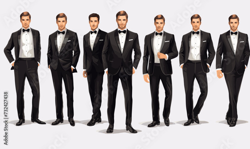 Set of elegant businessmen wearing formal tuxedo and bow tie for evening celebration, event, Christmas, New Year, wedding, anniversary. Different male characters isolated on transparent background.