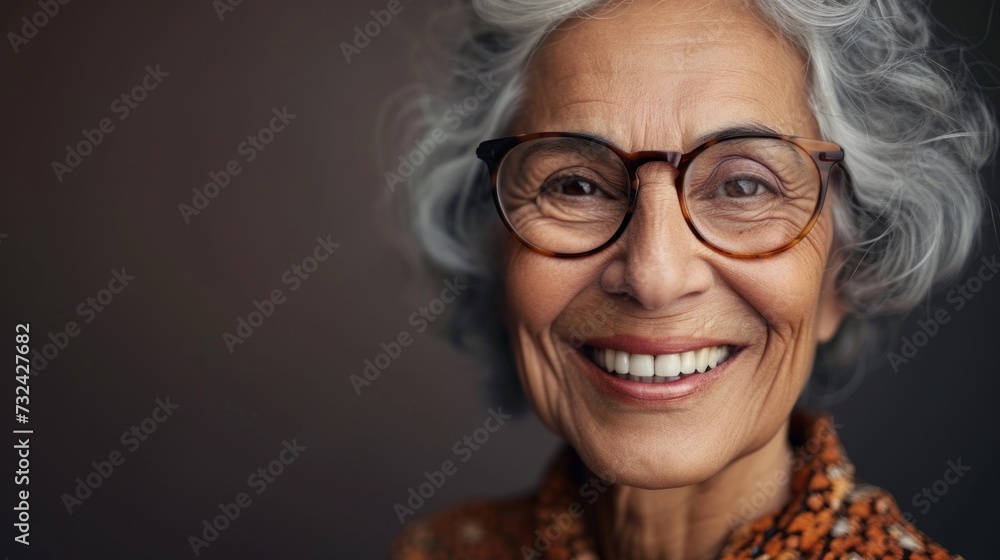 Smiling woman with gray hair wearing glasses and a patterned top against a beige background. Smiling woman with gray hair wearing glasses and a patterned top against a beige background.
