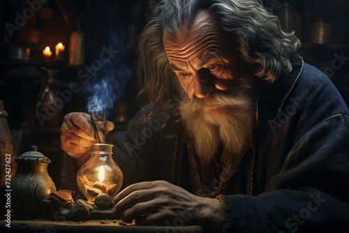 Mysterious Old medieval alchemist. Lab alchemy. Fictional person. Generate Ai