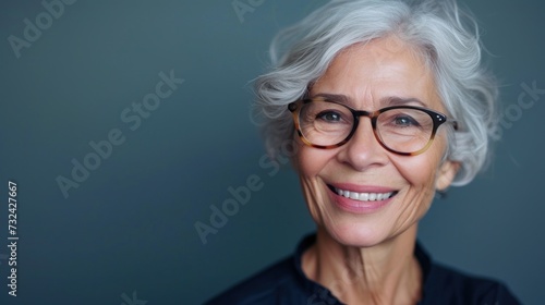 Smiling woman with gray hair and glasses against a blue background. © iuricazac