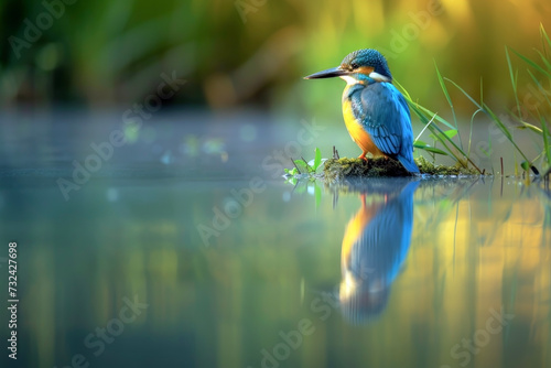 Exploring Kingfisher. Photograph of a Kingfisher Exploring the Surface of a Lake.