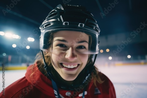 A woman wearing a hockey helmet and goggles. Perfect for sports enthusiasts and athletes © Fotograf