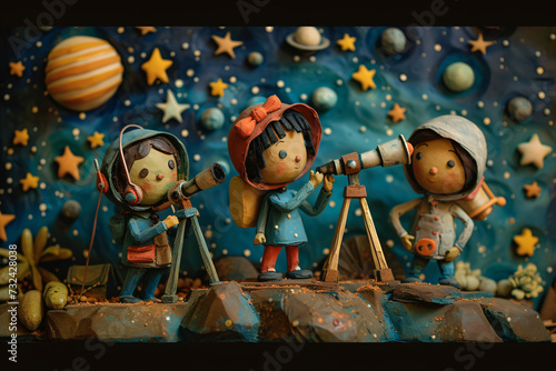 Handcrafted clay children with telescope on a space adventure. Colorful planetary exploration claymation scene. Space education and creativity concept. Design for children's workshop, space camp activ photo