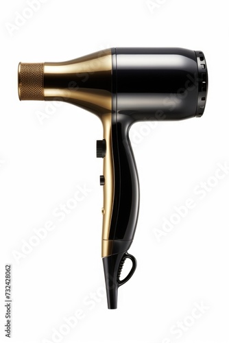 A sleek black and gold hair dryer on a clean white background. Perfect for beauty and salon-related designs